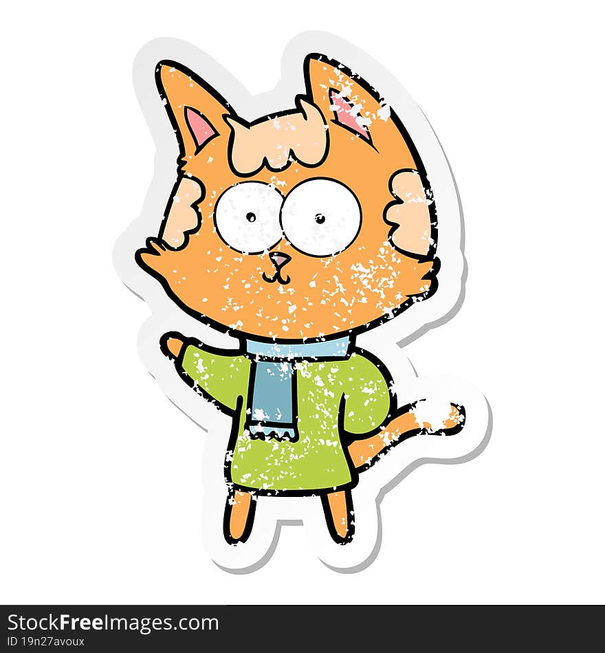 distressed sticker of a happy cartoon cat in winter clothes