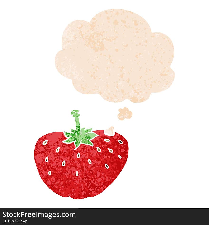 cartoon strawberry and thought bubble in retro textured style