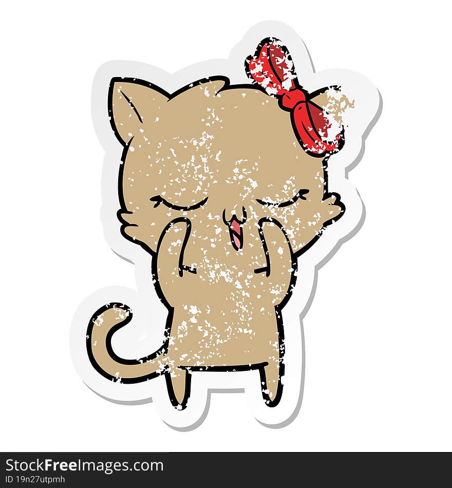 Distressed Sticker Of A Cartoon Cat With Bow On Head