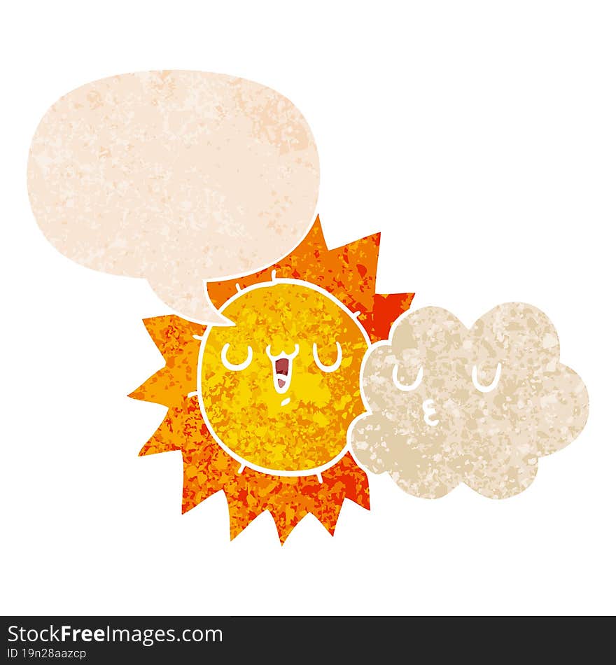 cartoon sun and cloud with speech bubble in grunge distressed retro textured style. cartoon sun and cloud with speech bubble in grunge distressed retro textured style