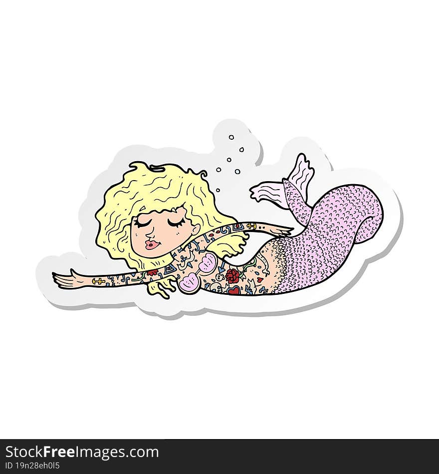 sticker of a cartoon mermaid covered in tattoos