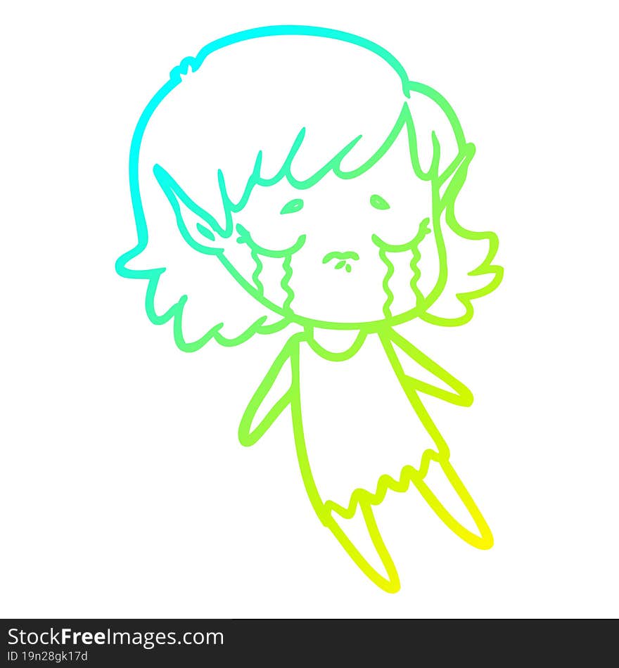 Cold Gradient Line Drawing Cartoon Crying Elf Girl