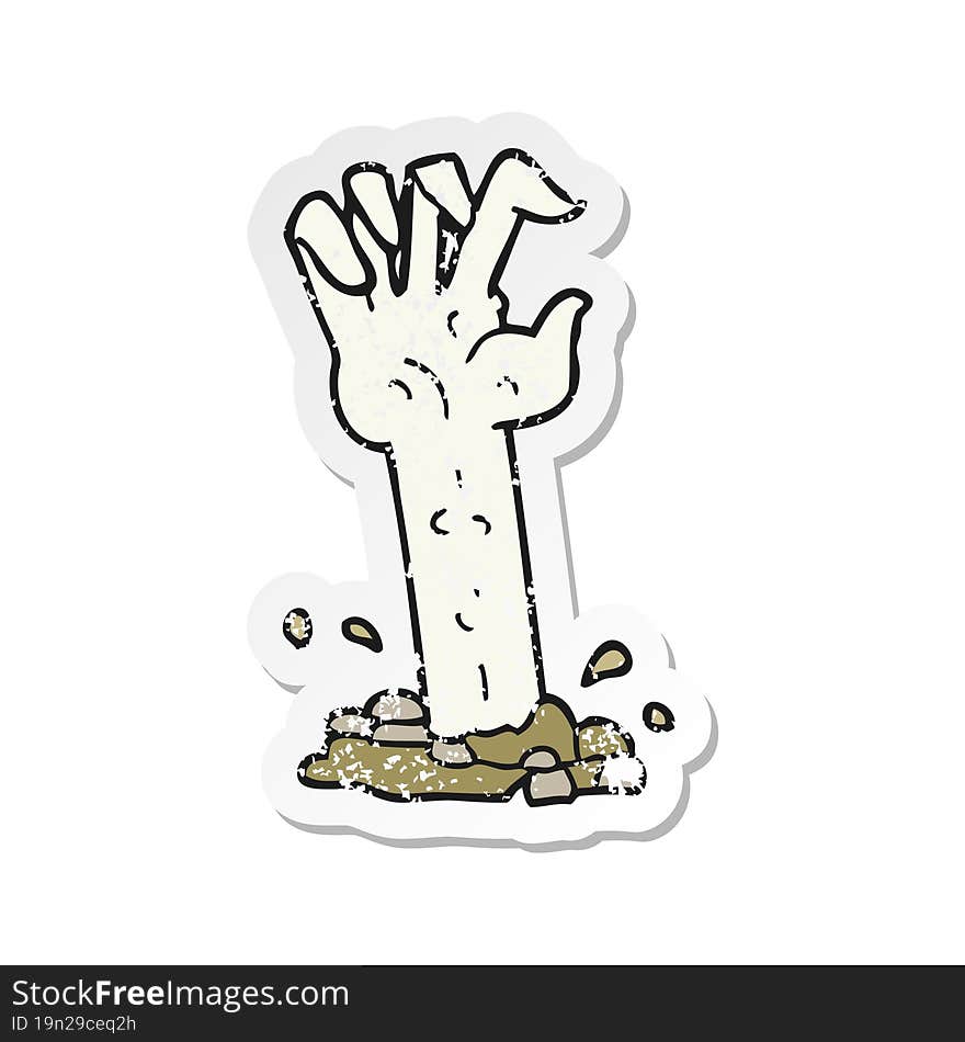 Retro Distressed Sticker Of A Cartoon Zombie Hand Rising From Ground