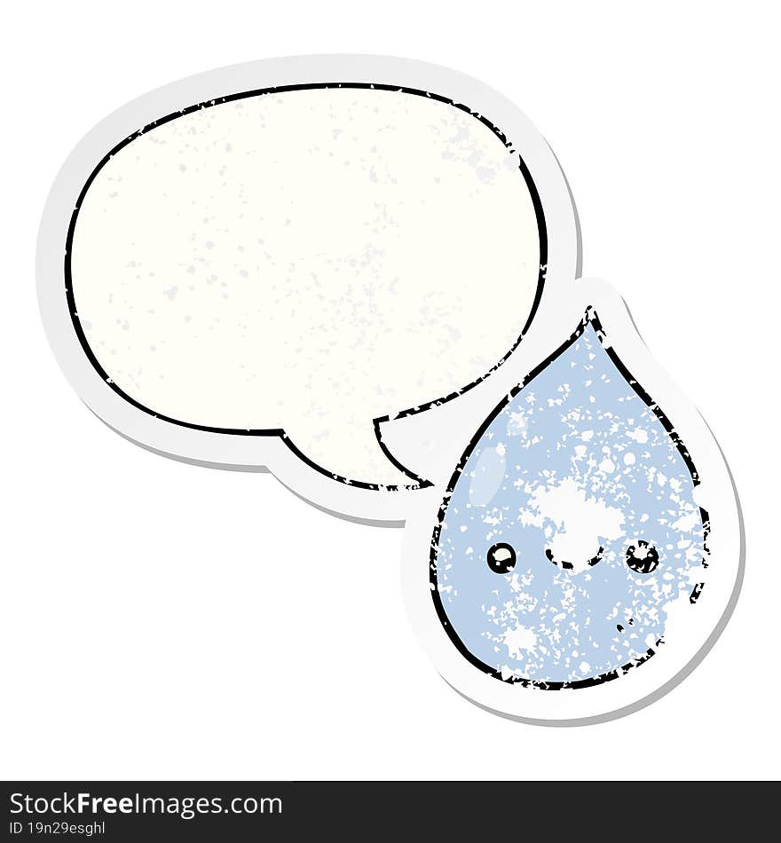 cartoon raindrop with speech bubble distressed distressed old sticker. cartoon raindrop with speech bubble distressed distressed old sticker