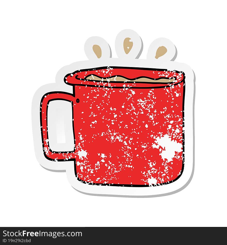 distressed sticker of a cartoon camping cup of coffee