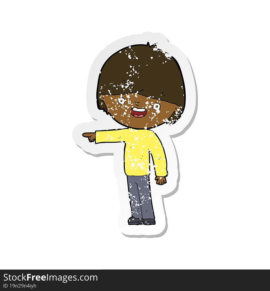 retro distressed sticker of a cartoon man pointing