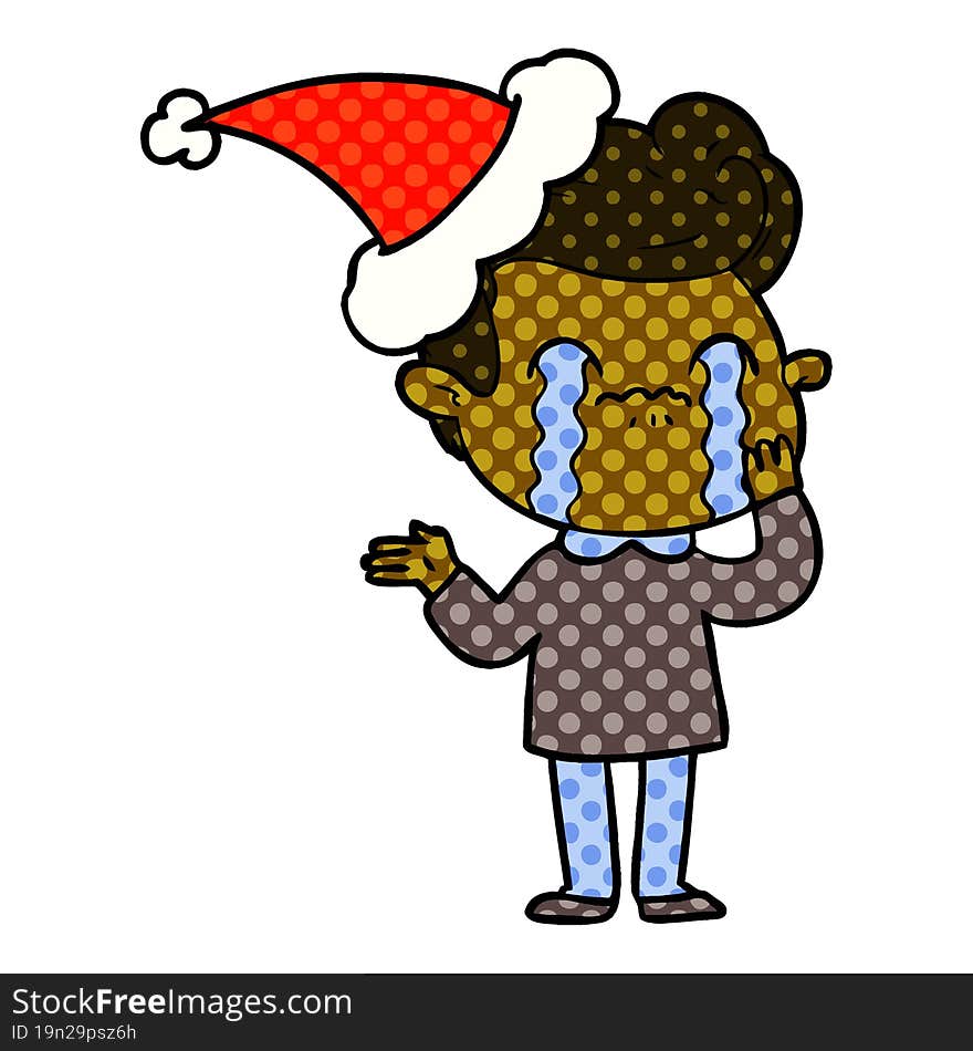 Comic Book Style Illustration Of A Man Crying Wearing Santa Hat