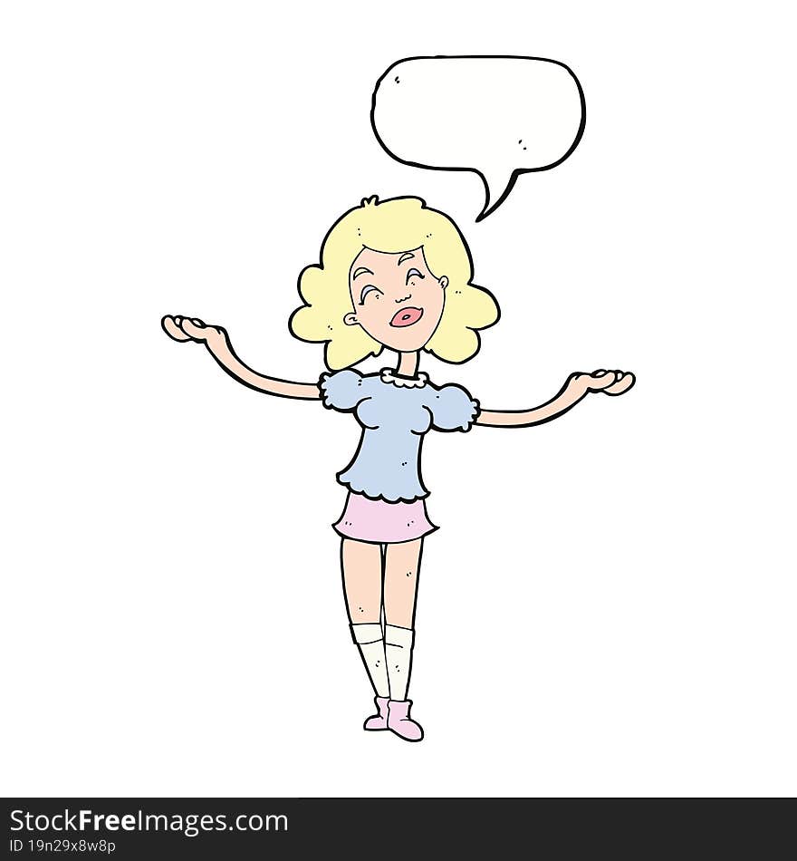 cartoon woman taking praise with speech bubble