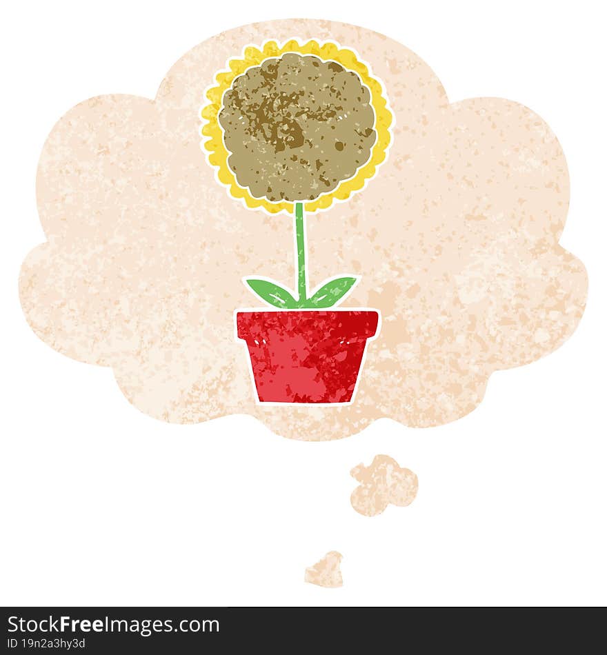 cute cartoon flower and thought bubble in retro textured style