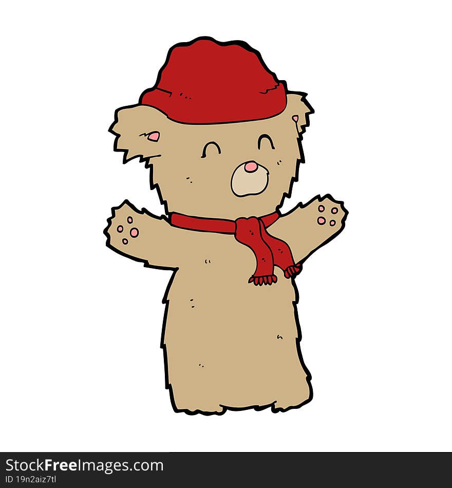 cartooon teddy bear in hat and scarf