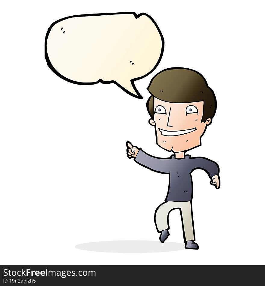 cartoon happy man pointing with speech bubble