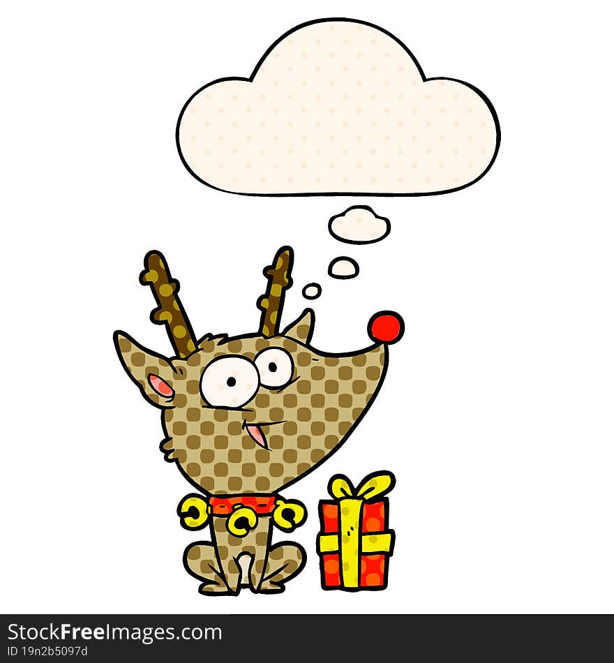 cartoon christmas reindeer and thought bubble in comic book style