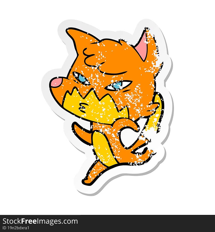 distressed sticker of a clever cartoon fox