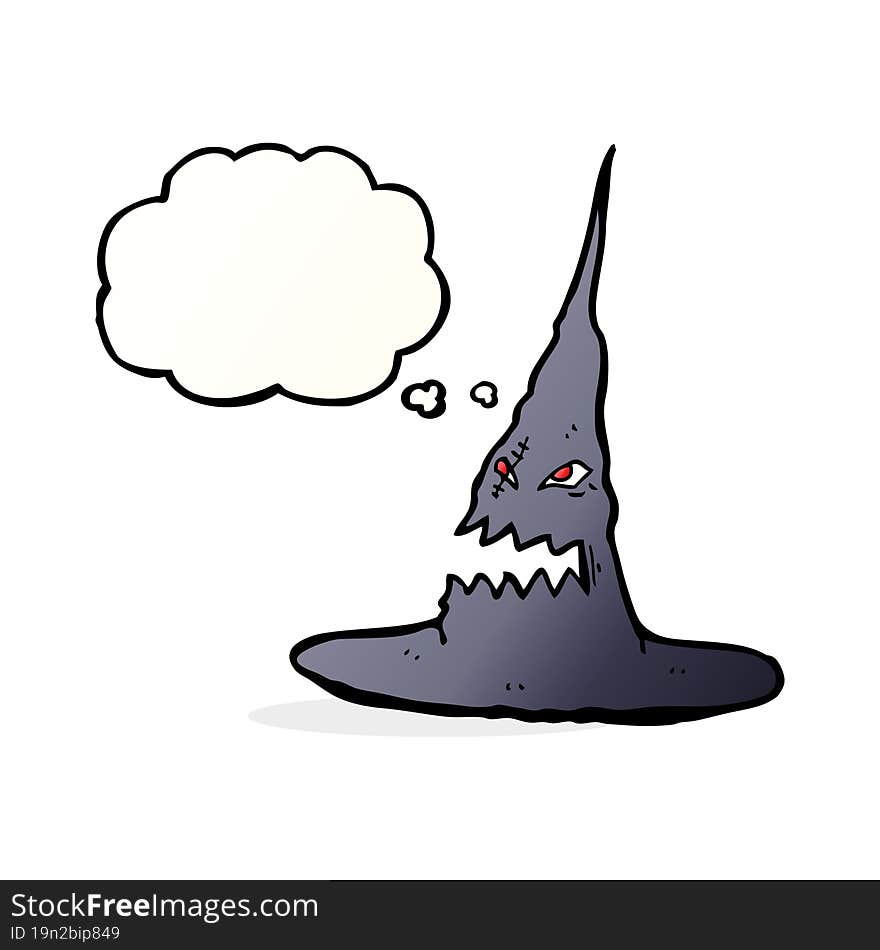 cartoon spooky witches hat with thought bubble