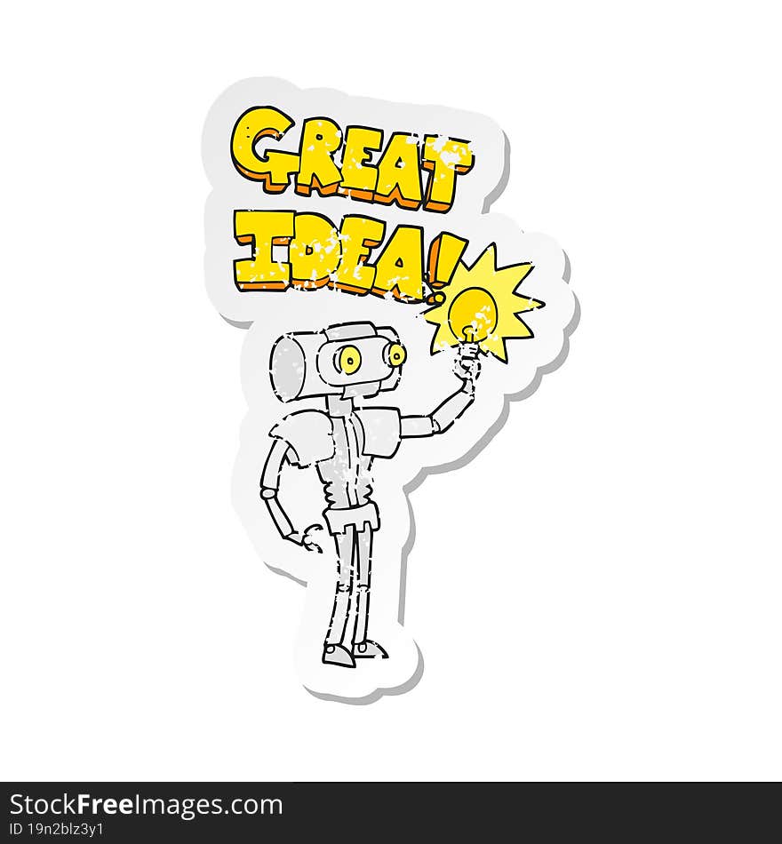 retro distressed sticker of a cartoon robot with great idea