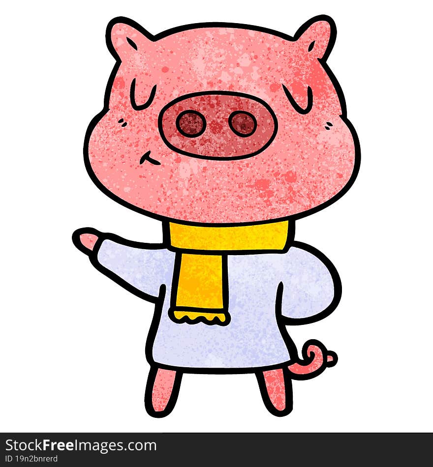 cartoon content pig in winter attire. cartoon content pig in winter attire