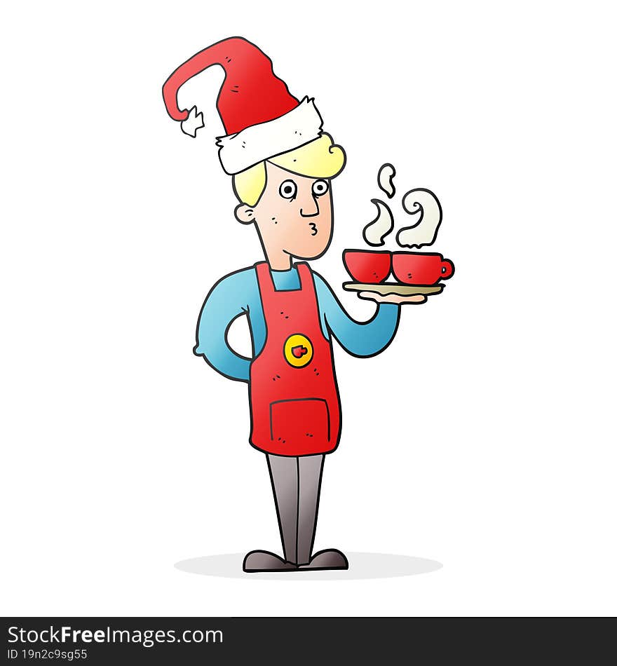 Cartoon Barista Serving Coffee At Christmas