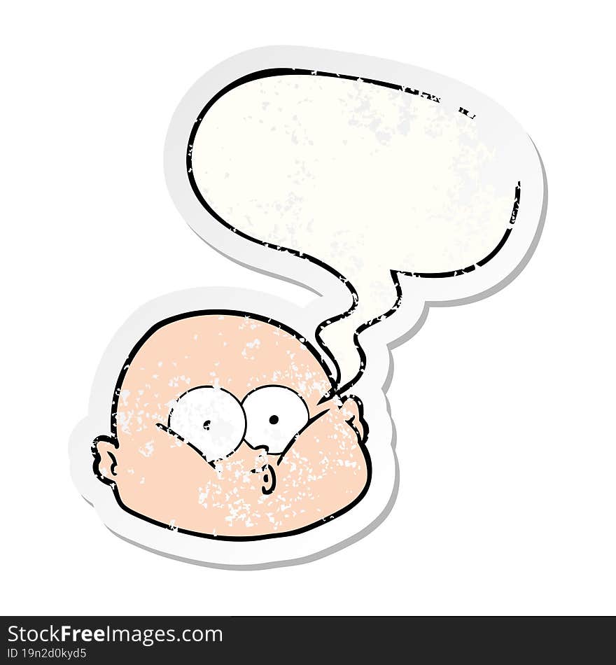 cartoon curious bald man with speech bubble distressed distressed old sticker. cartoon curious bald man with speech bubble distressed distressed old sticker