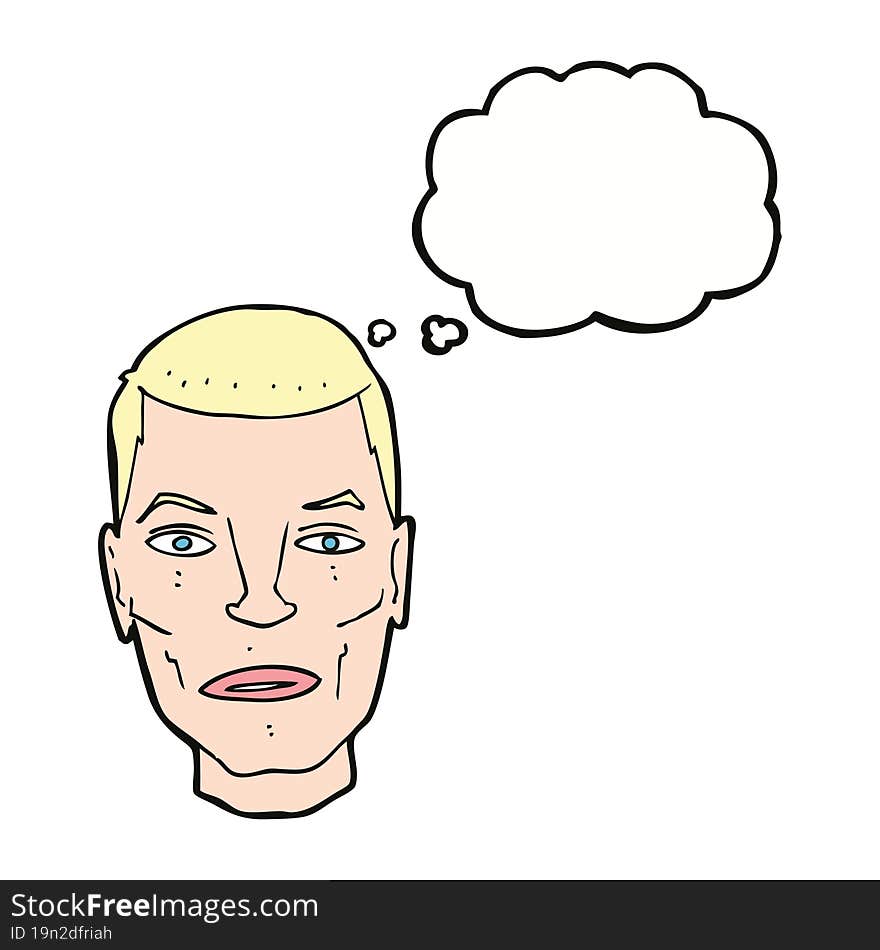 cartoon serious male face with thought bubble