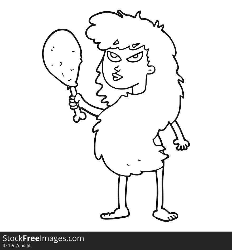 freehand drawn black and white cartoon cavewoman with meat