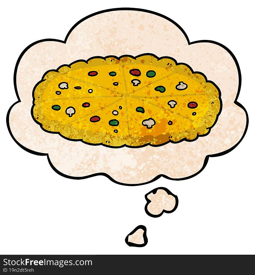 Cartoon Pizza And Thought Bubble In Grunge Texture Pattern Style