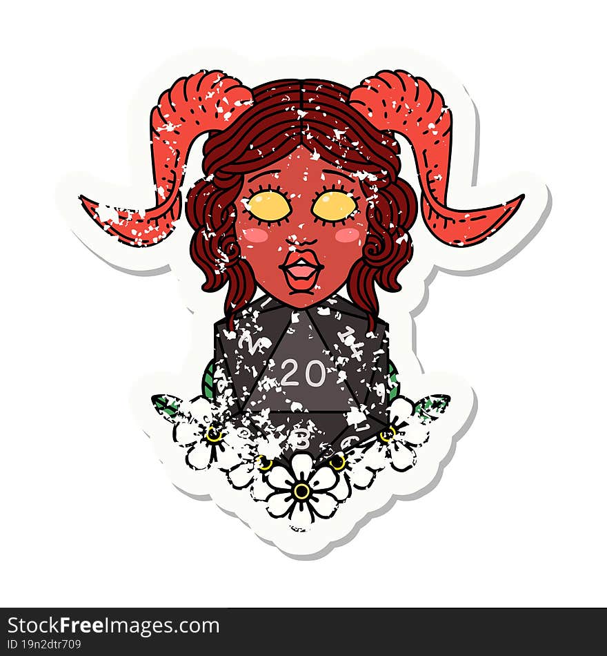 grunge sticker of a tiefling with natural twenty dice roll. grunge sticker of a tiefling with natural twenty dice roll