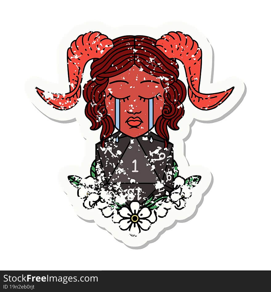 grunge sticker of a crying tiefling character with natural one D20 dice roll. grunge sticker of a crying tiefling character with natural one D20 dice roll