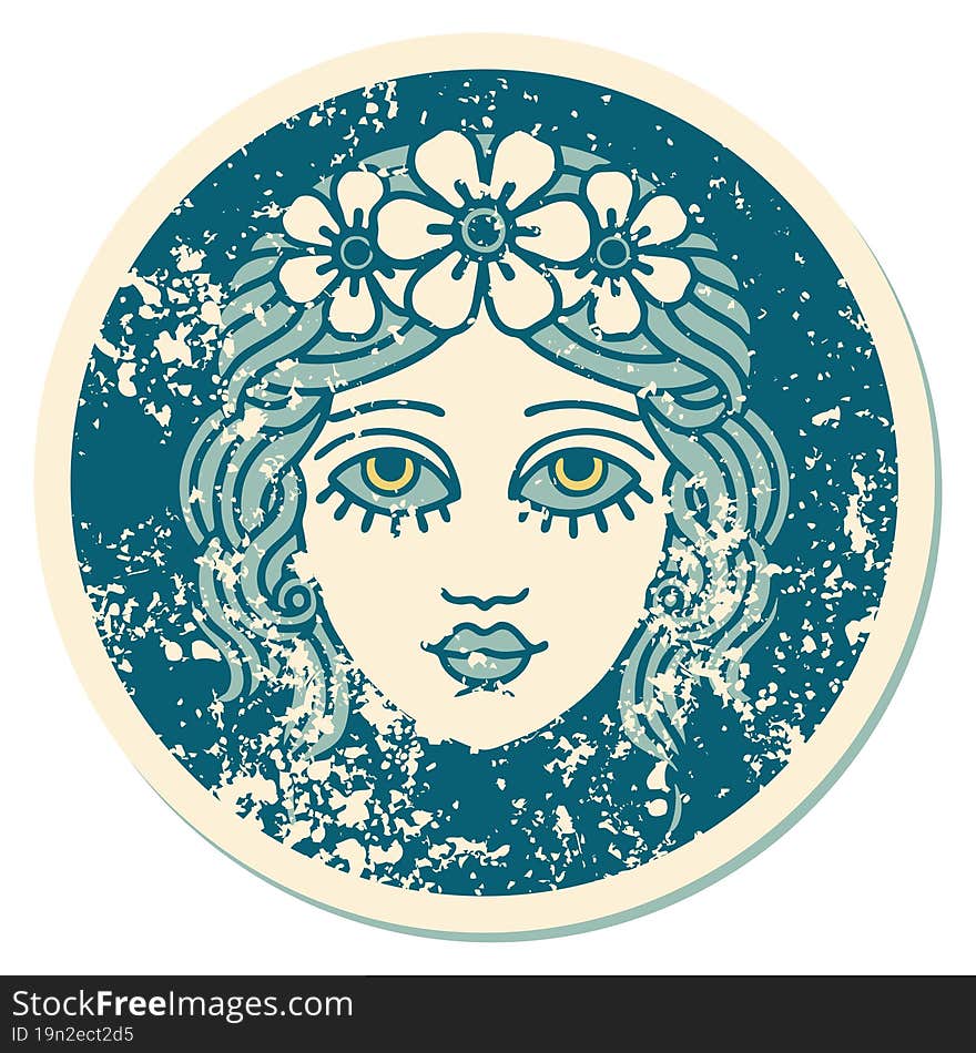 distressed sticker tattoo style icon of female face with crown of flowers