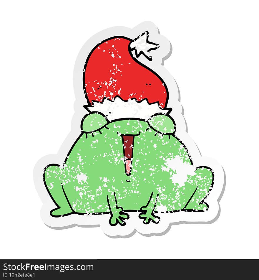 Distressed Sticker Of A Cute Cartoon Christmas Frog