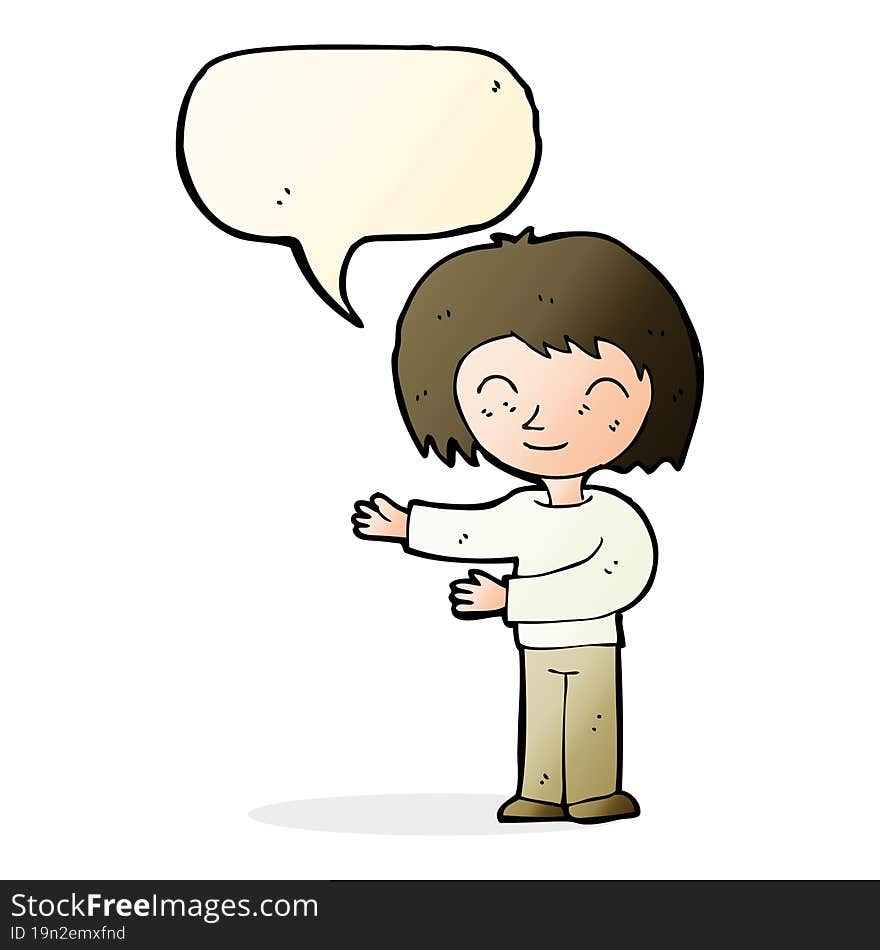 cartoon woman gesturing welcome with speech bubble