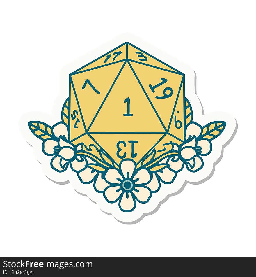 sticker of a natural one dice roll with floral elements. sticker of a natural one dice roll with floral elements