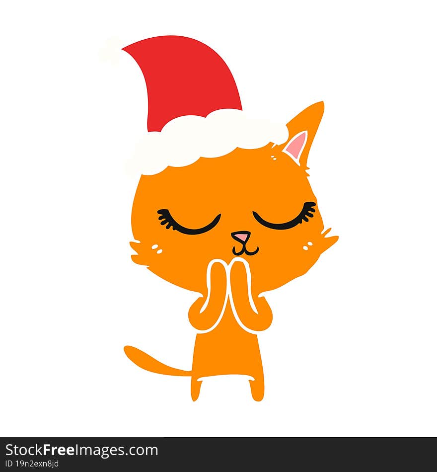 calm flat color illustration of a cat wearing santa hat