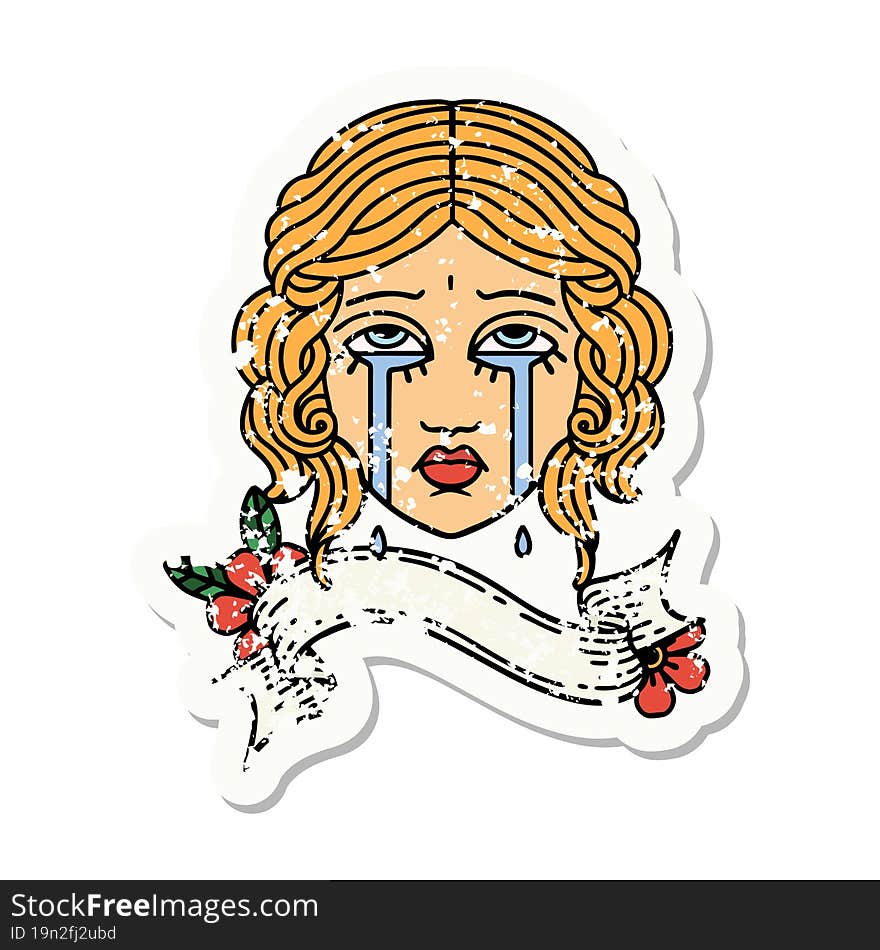 grunge sticker with banner of female face crying