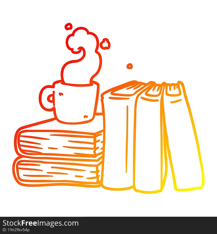 warm gradient line drawing cartoon coffee cup and study books