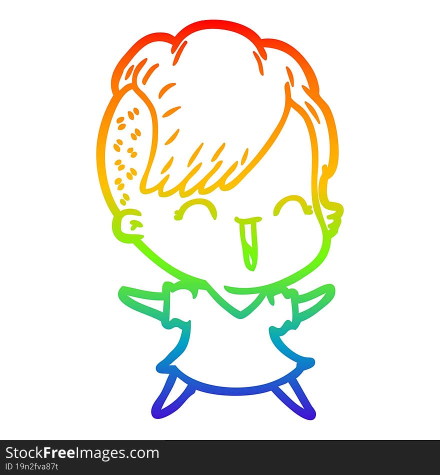 Rainbow Gradient Line Drawing Cartoon Happy Hipster Girl