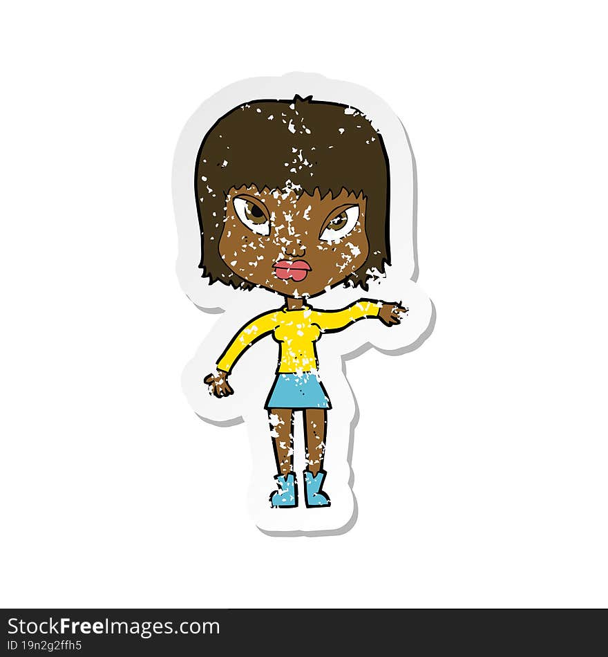 retro distressed sticker of a cartoon woman making gesture