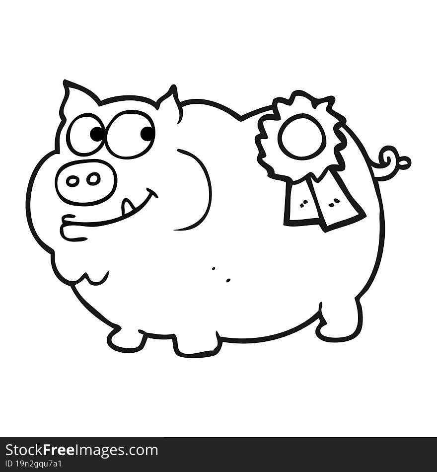 freehand drawn black and white cartoon prize winning pig