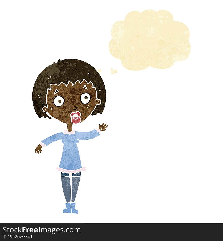 cartoon waving woman with thought bubble