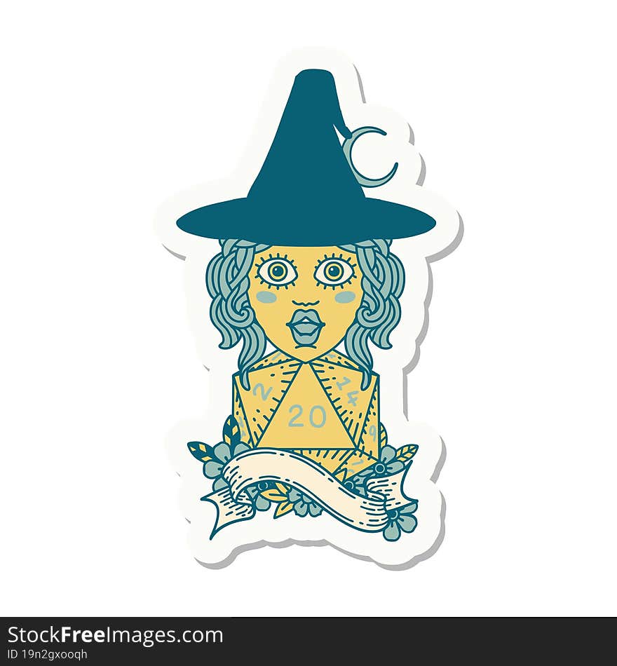 sticker of a human mage with natural 20 D20 dice roll. sticker of a human mage with natural 20 D20 dice roll