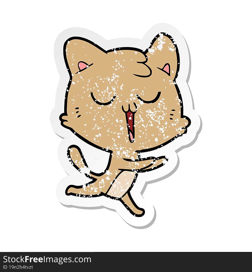 Distressed Sticker Of A Cartoon Cat Singing