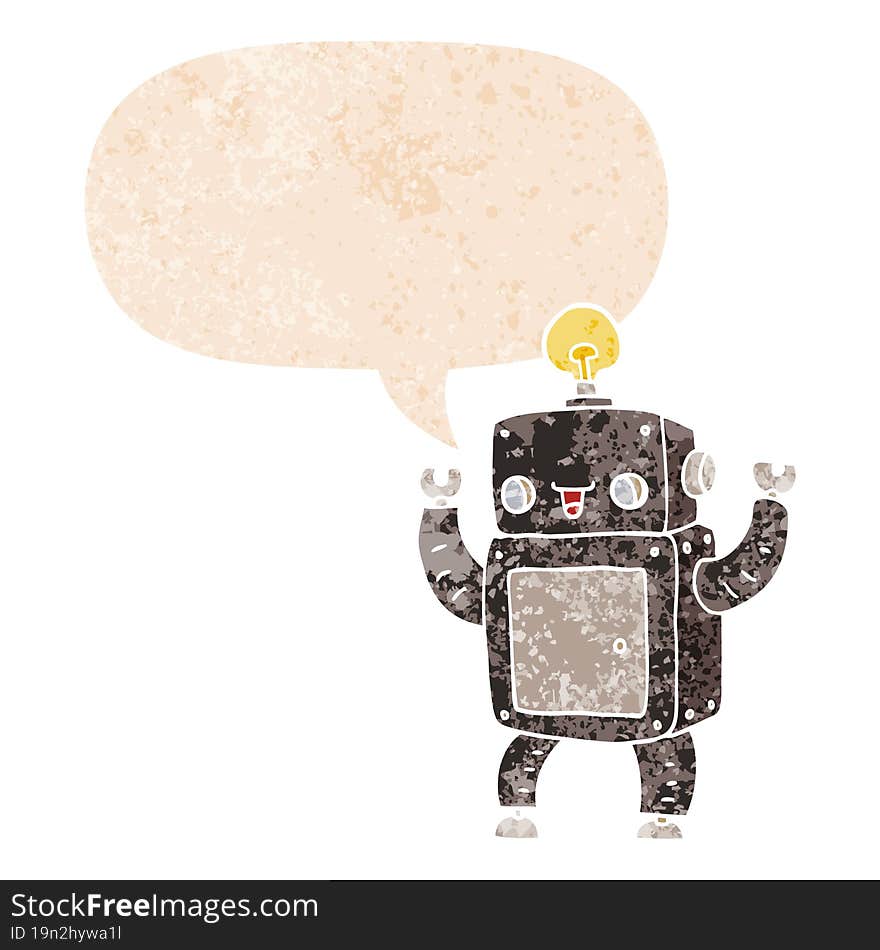 cartoon happy robot and speech bubble in retro textured style