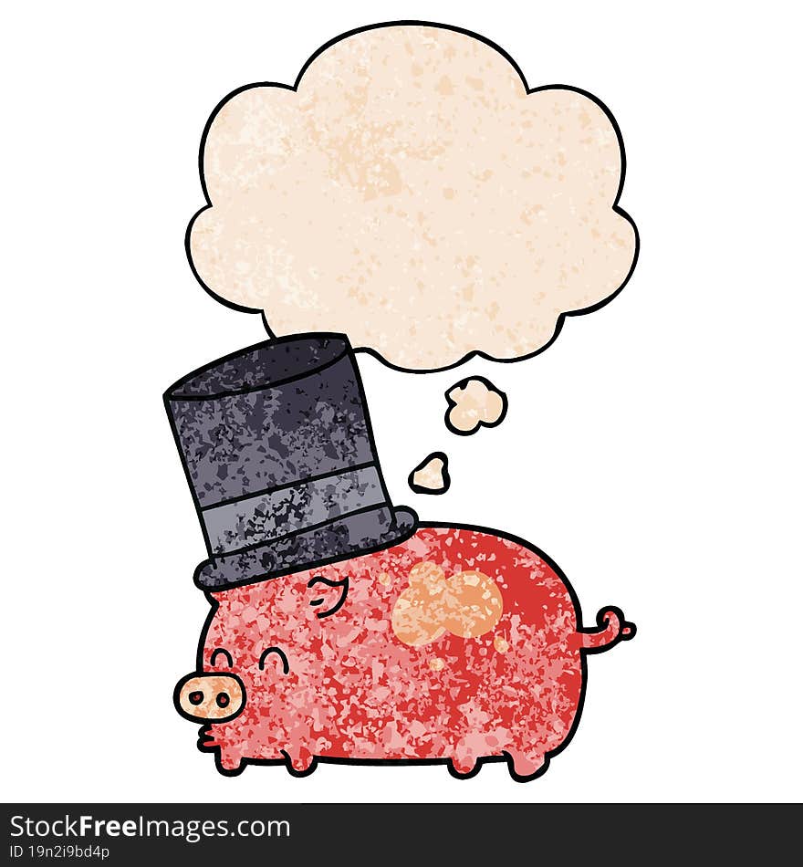 cartoon pig wearing top hat with thought bubble in grunge texture style. cartoon pig wearing top hat with thought bubble in grunge texture style