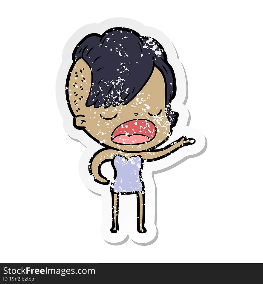 distressed sticker of a cartoon cool hipster girl talking