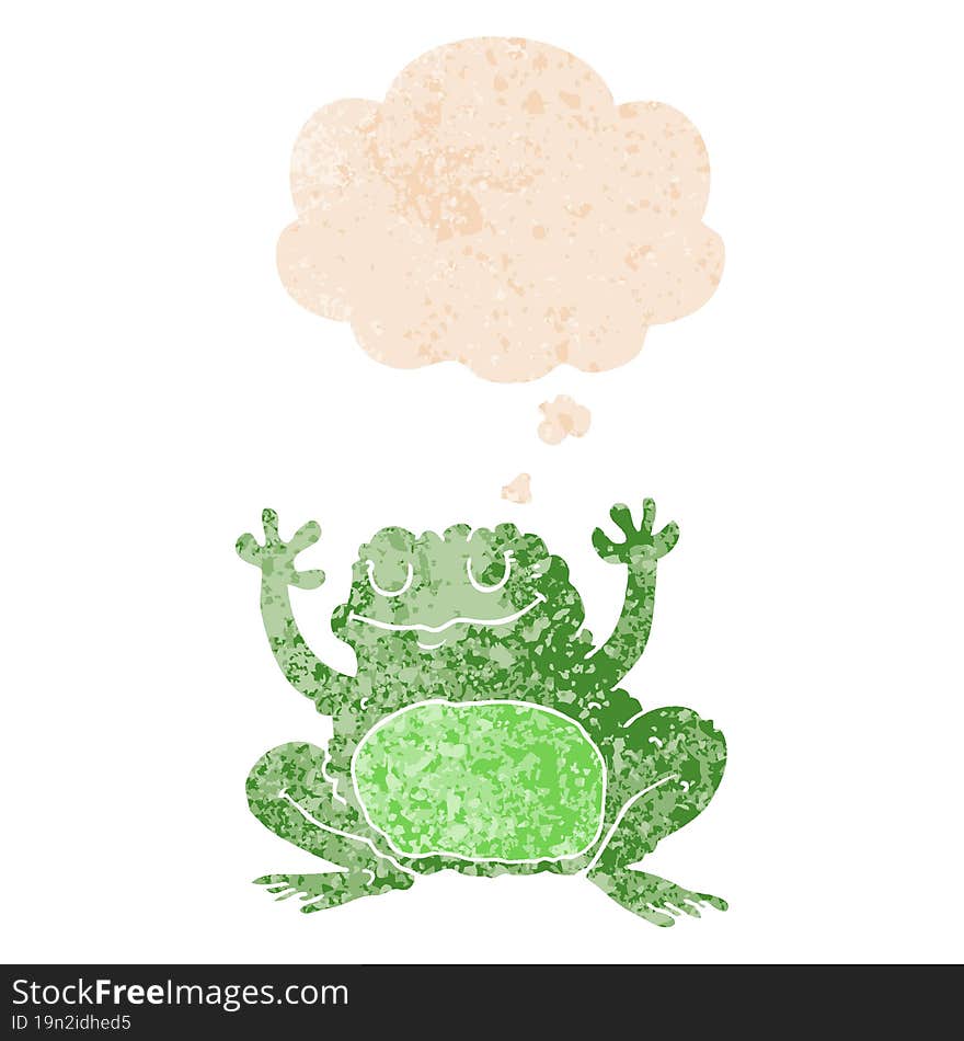 cartoon frog and thought bubble in retro textured style