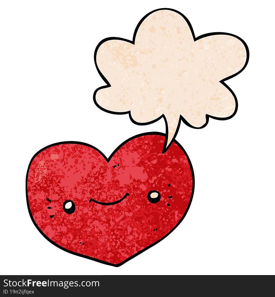 heart cartoon character with speech bubble in retro texture style