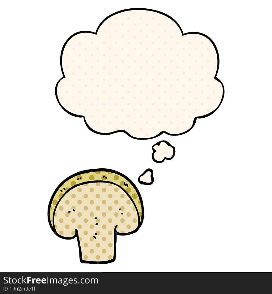 cartoon mushroom slice and thought bubble in comic book style