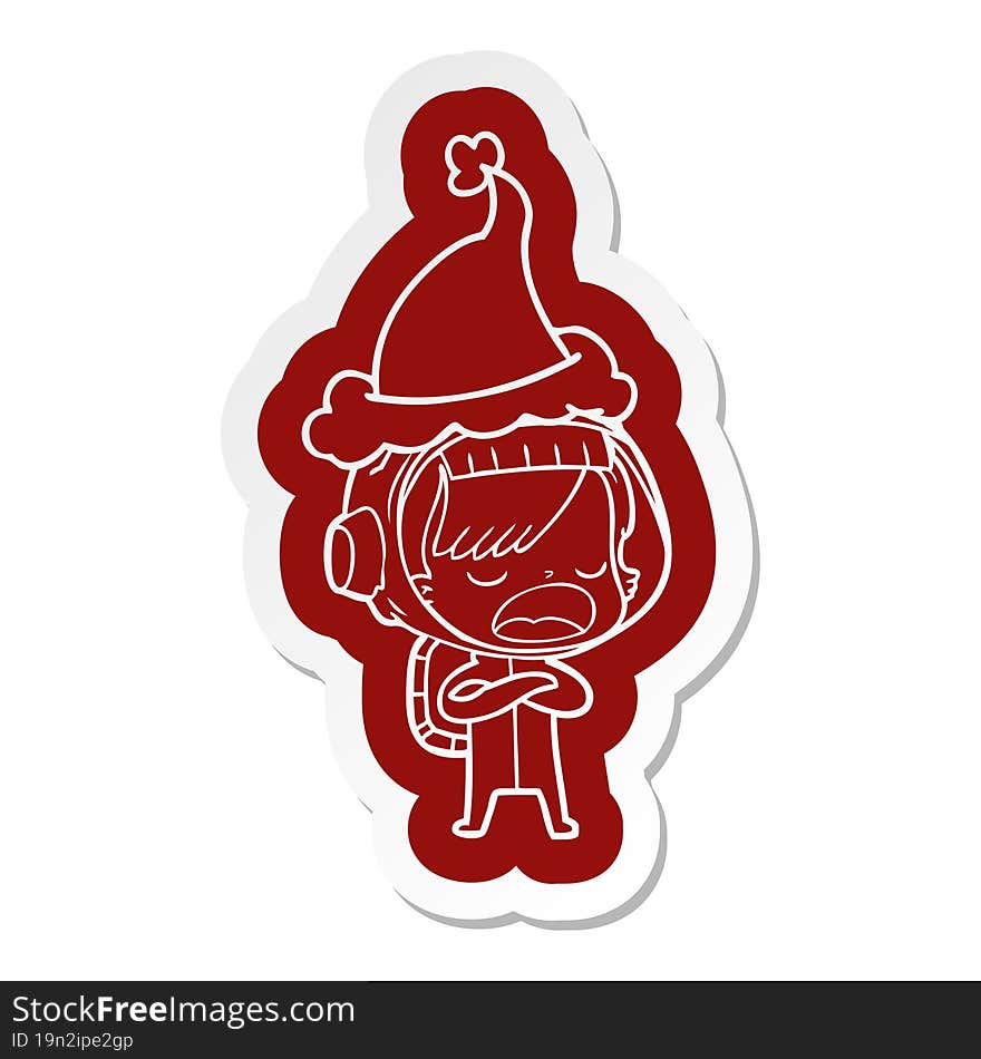 cartoon  sticker of a astronaut woman explaining wearing santa hat