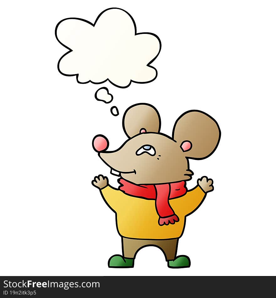 cartoon mouse wearing scarf and thought bubble in smooth gradient style