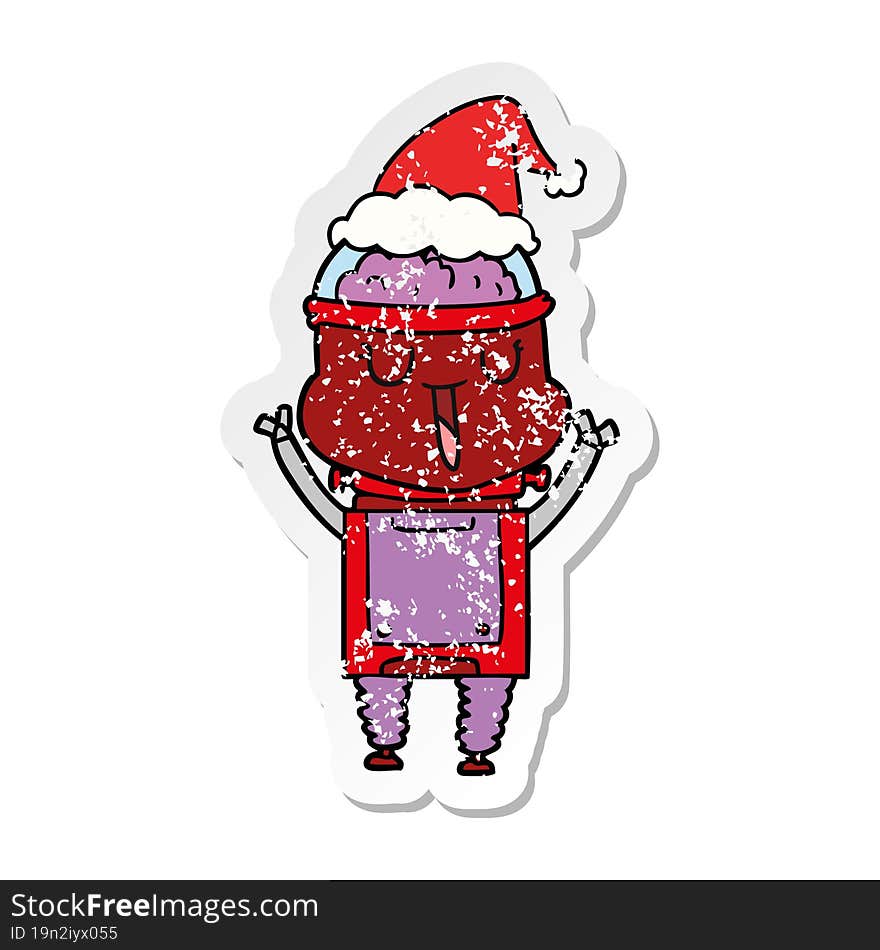 happy hand drawn distressed sticker cartoon of a robot wearing santa hat. happy hand drawn distressed sticker cartoon of a robot wearing santa hat