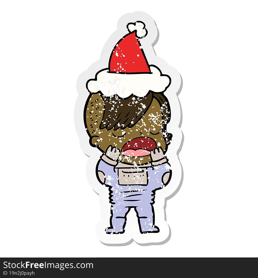 distressed sticker cartoon of a cool hipster girl in space suit wearing santa hat